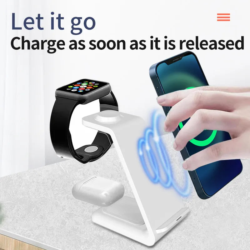 White 3-in-1 wireless charging stand holding a mobile phone upright next to wireless earbuds on its base.