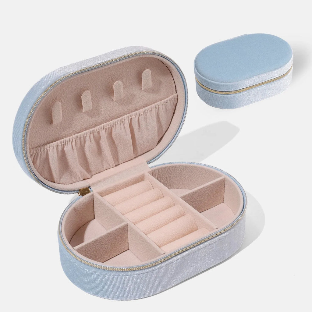 Korean style oval velvet jewellery storage box in assorted colours with flannel lining.
