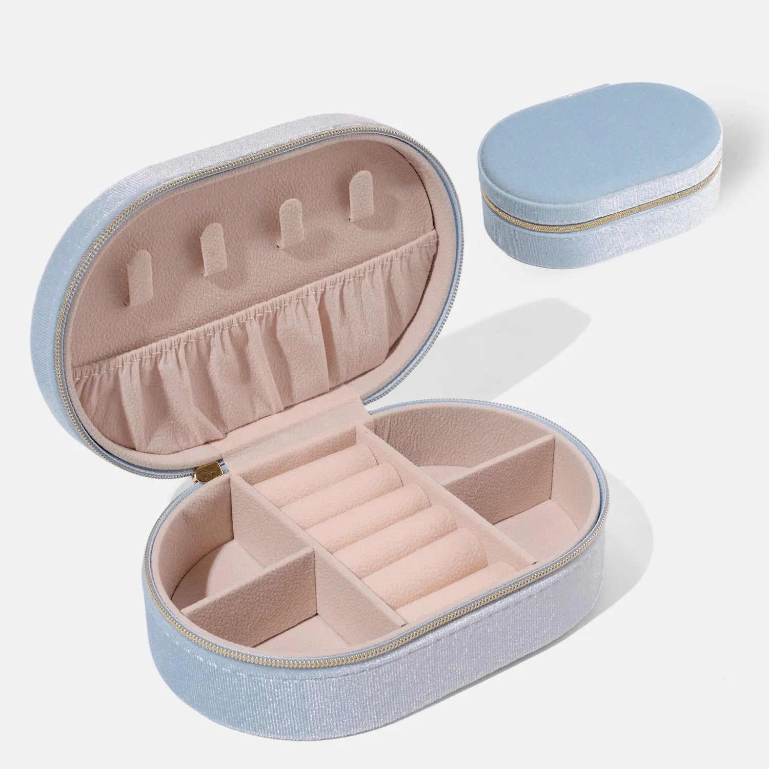 Korean style oval velvet jewellery storage box in assorted colours with flannel lining.