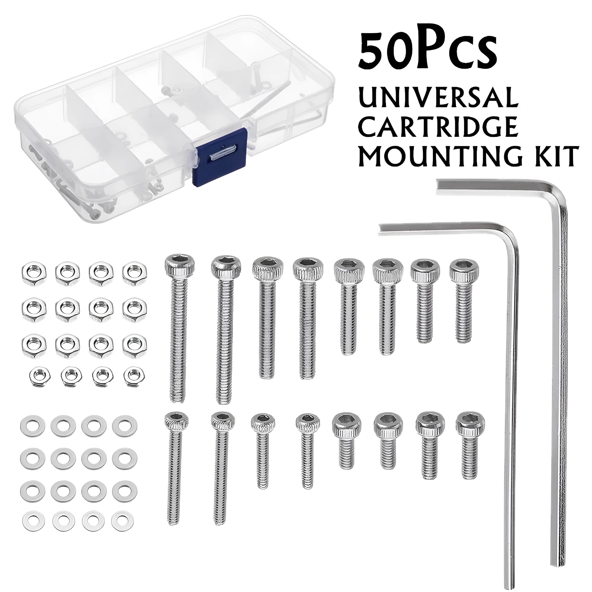 Stainless steel cartridge mounting screw set with allen bolts, nuts, washers, and two allen keys on a grey background.