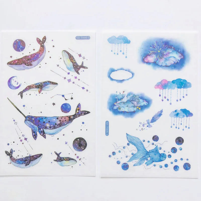 Abu Japanese paper sticker set with fantasy stars pattern, showing 10.5 by 14.1 cm size