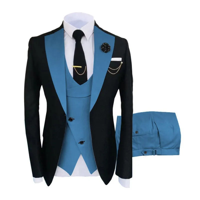Men's slim fit cotton business three-piece suit including coat, vest, and trousers