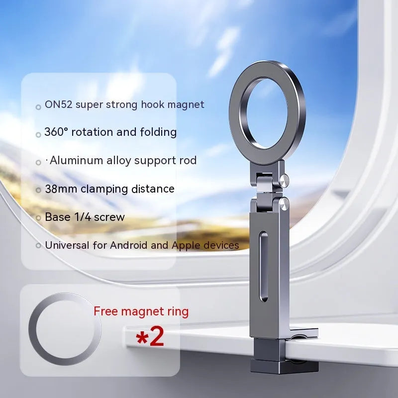 360-degree rotating folding travel mobile phone magnetic bracket in aluminium alloy, grey, 17cm length