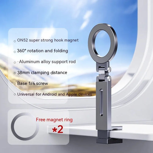 360-degree rotating folding travel mobile phone magnetic bracket in aluminium alloy, grey, 17cm length