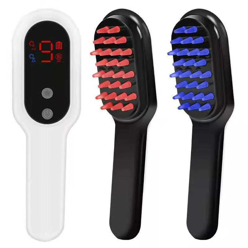 White electric head massager comb with red and blue light therapy, magnetic contacts, and LED display on a clean background
