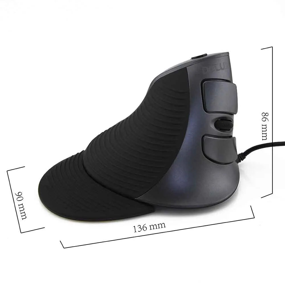 Black and white vertical ergonomic mouse with wired USB connection for desktop computers