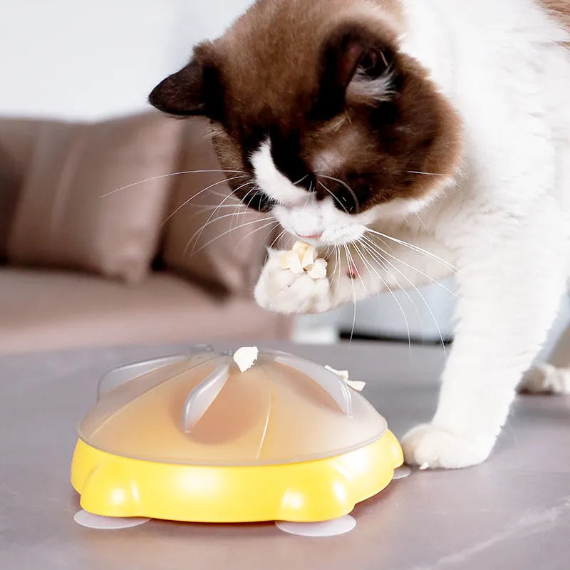 Yellow educational cat puzzle feeder bowl with adjustable difficulty compartments for treat storage