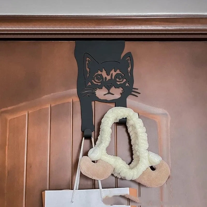 Black decorative iron cat wall hook with punch-free adhesive mounting system