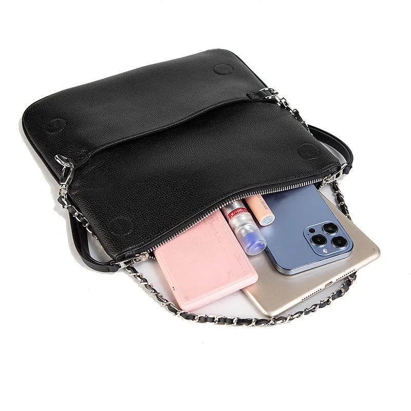 Women's soft PU leather chain folding clutch messenger bag with double straps in black classic colour