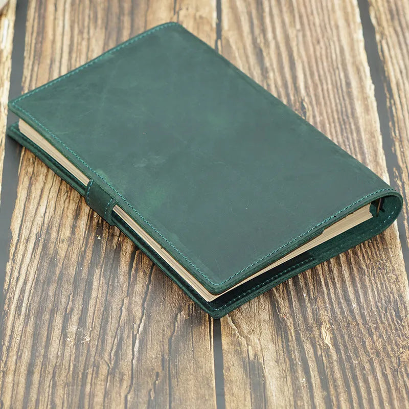 A5 genuine leather binder notebook with 100 sheets of 100gsm kraft paper, 210x140mm, in Crazy Horse Brown, Dark Green or Napa Black.