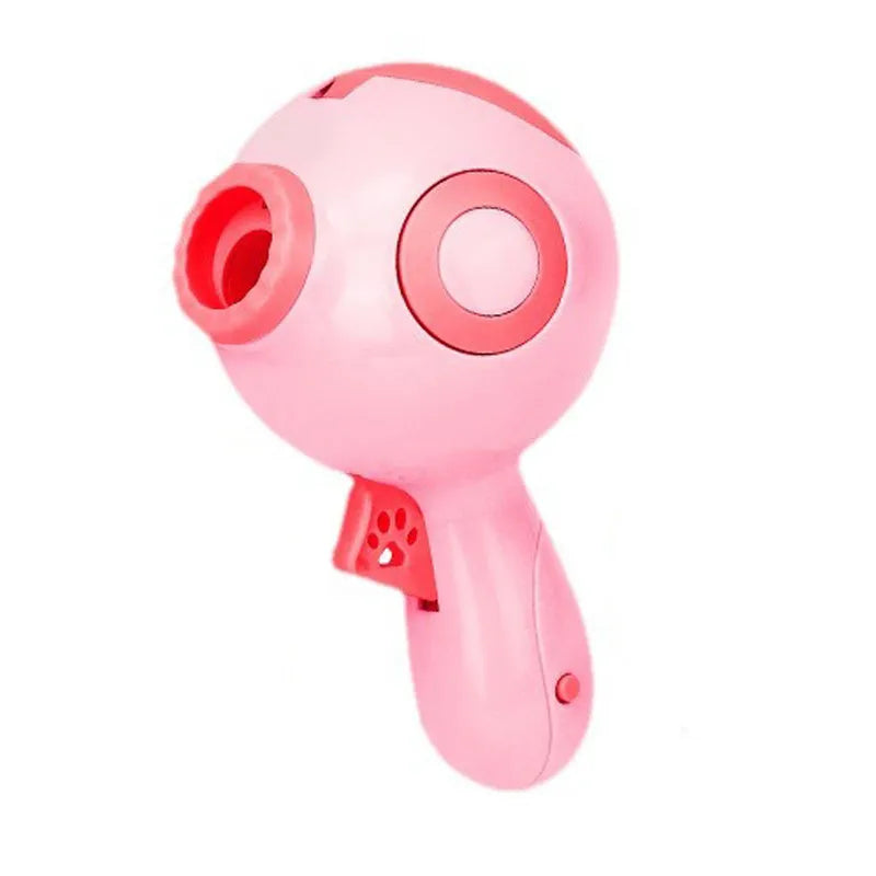 Green, orange or pink plastic dog treat launcher toy for interactive feeding and training