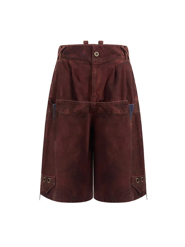 Men's black double waist loose cropped trousers with stitching detail and elastic waistband