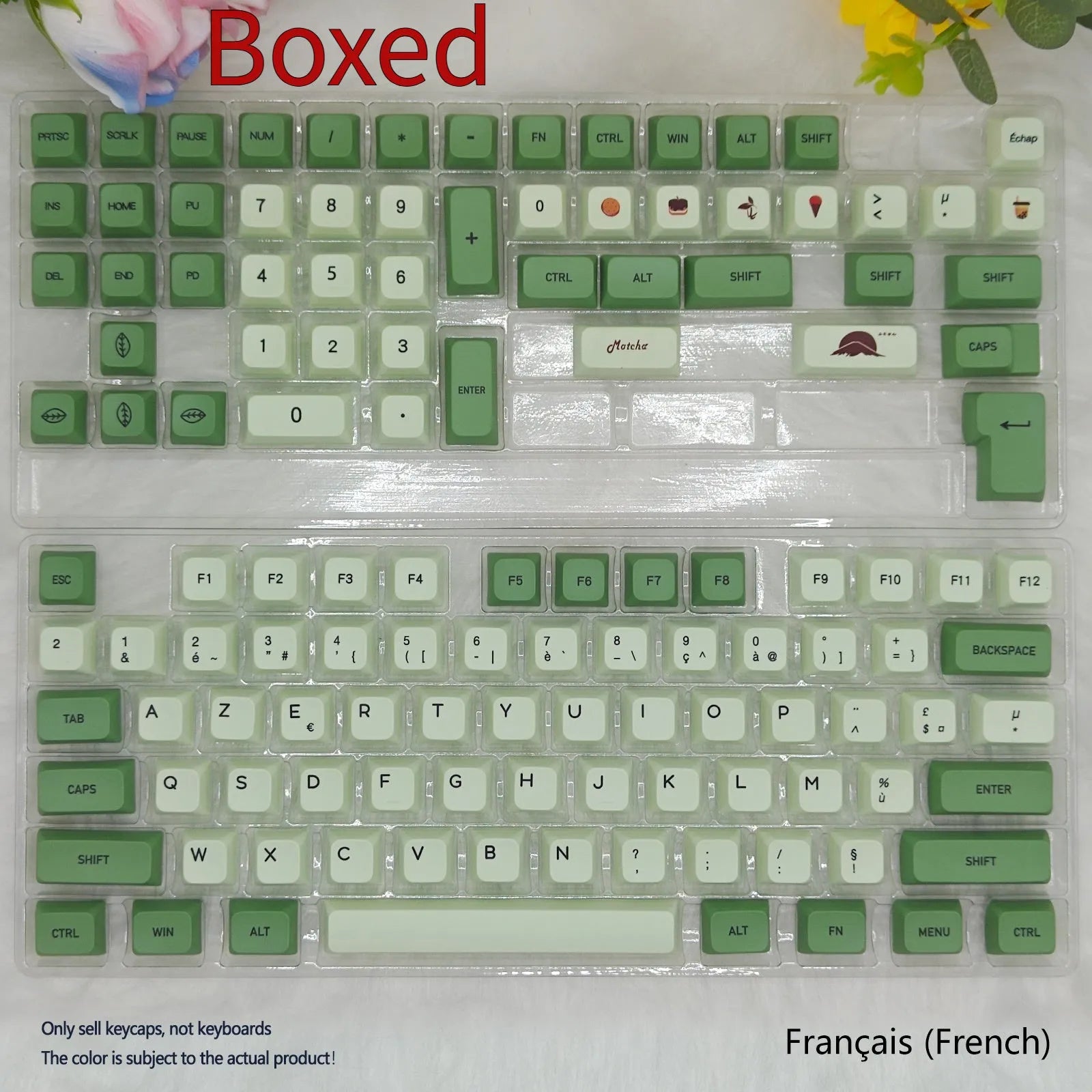 124 PBT dye-sublimation keycap set in matcha green colour on a keyboard.