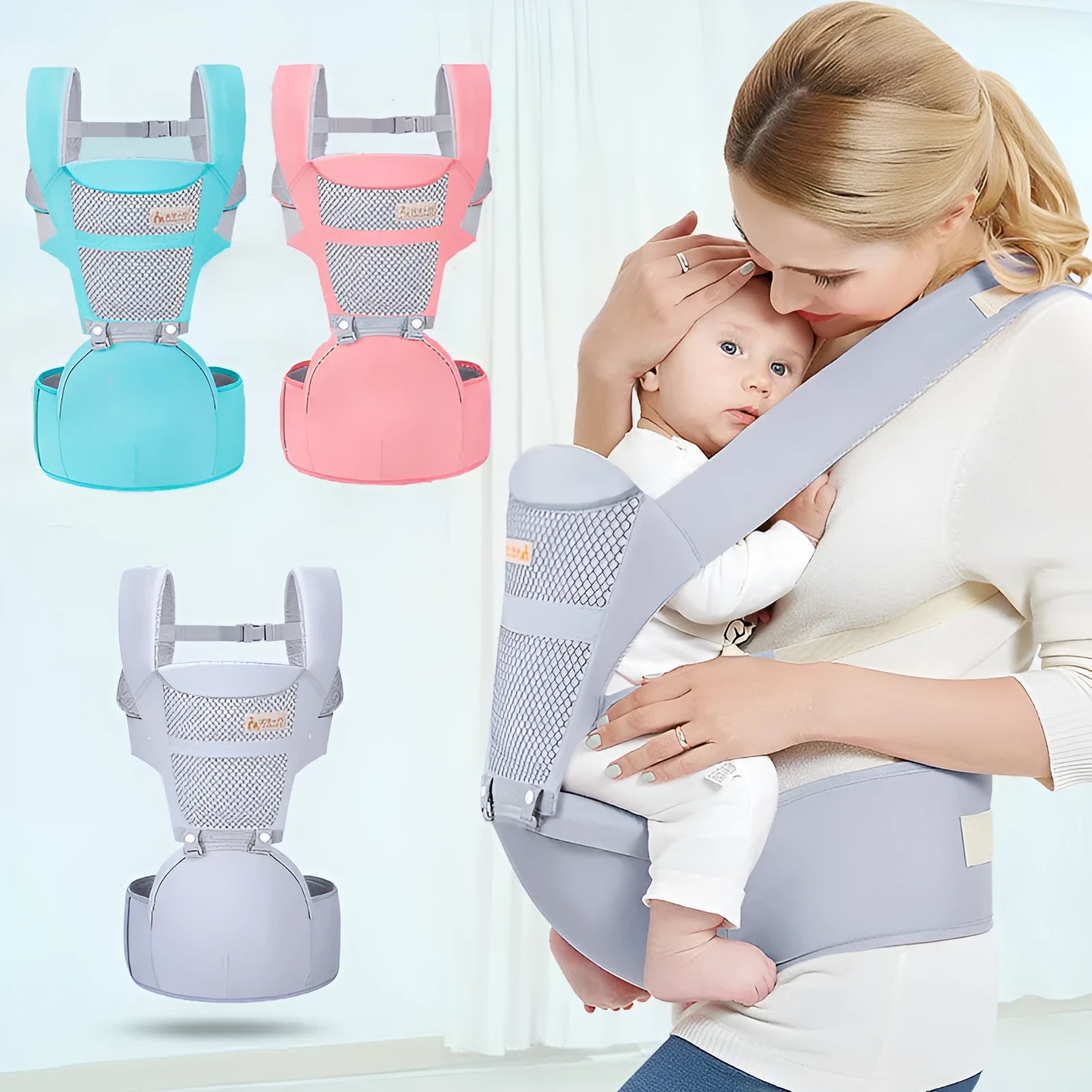 Multifunctional baby carrier waist stool in Galaxy Grey with shoulder straps