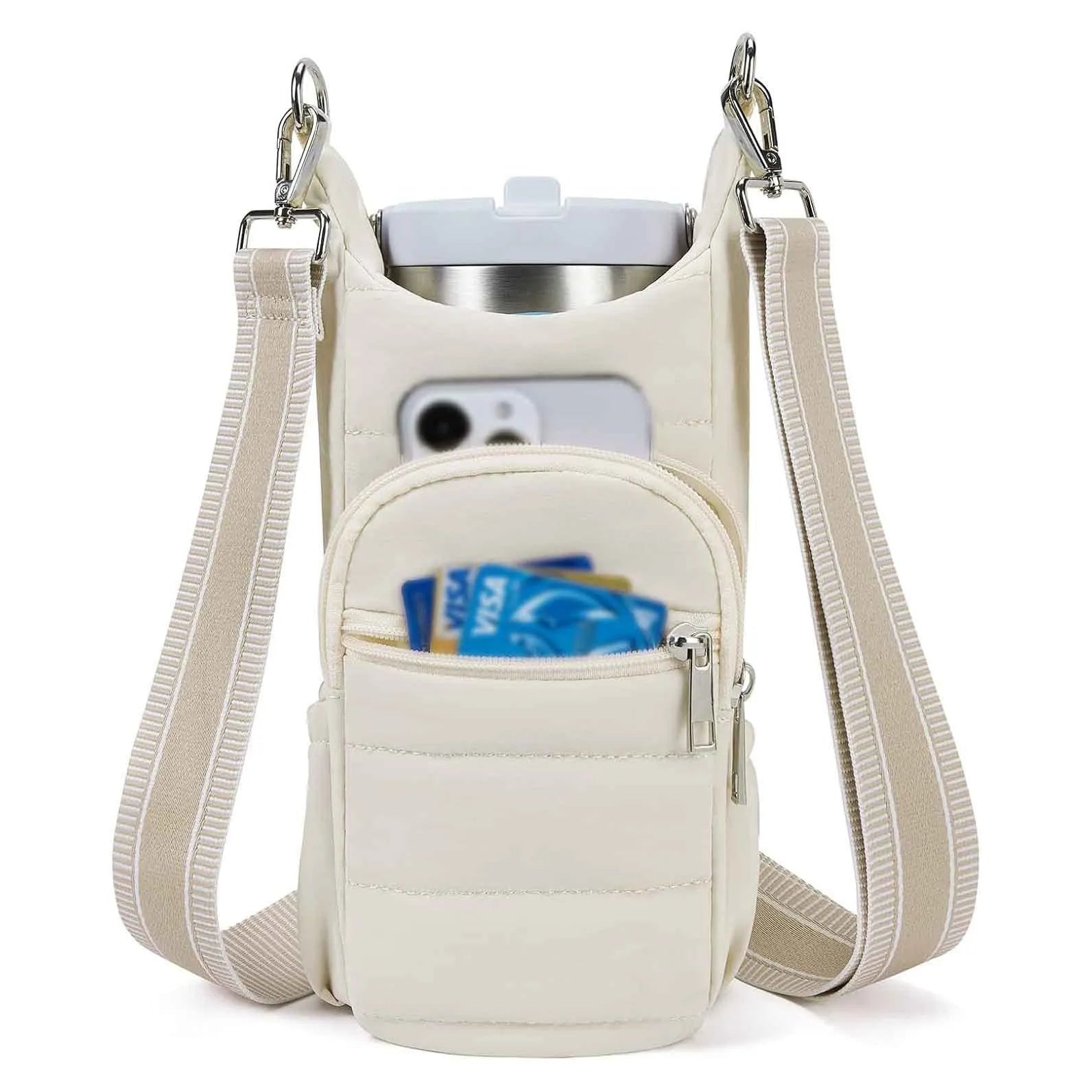 Cloth bicycle water bottle bag in modern minimalist style showing black, pink and beige colour options