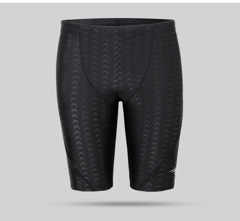 Shark skin five-point men's swimming trunks in polyester with spandex lining, black or blue, sizes L to 5XL