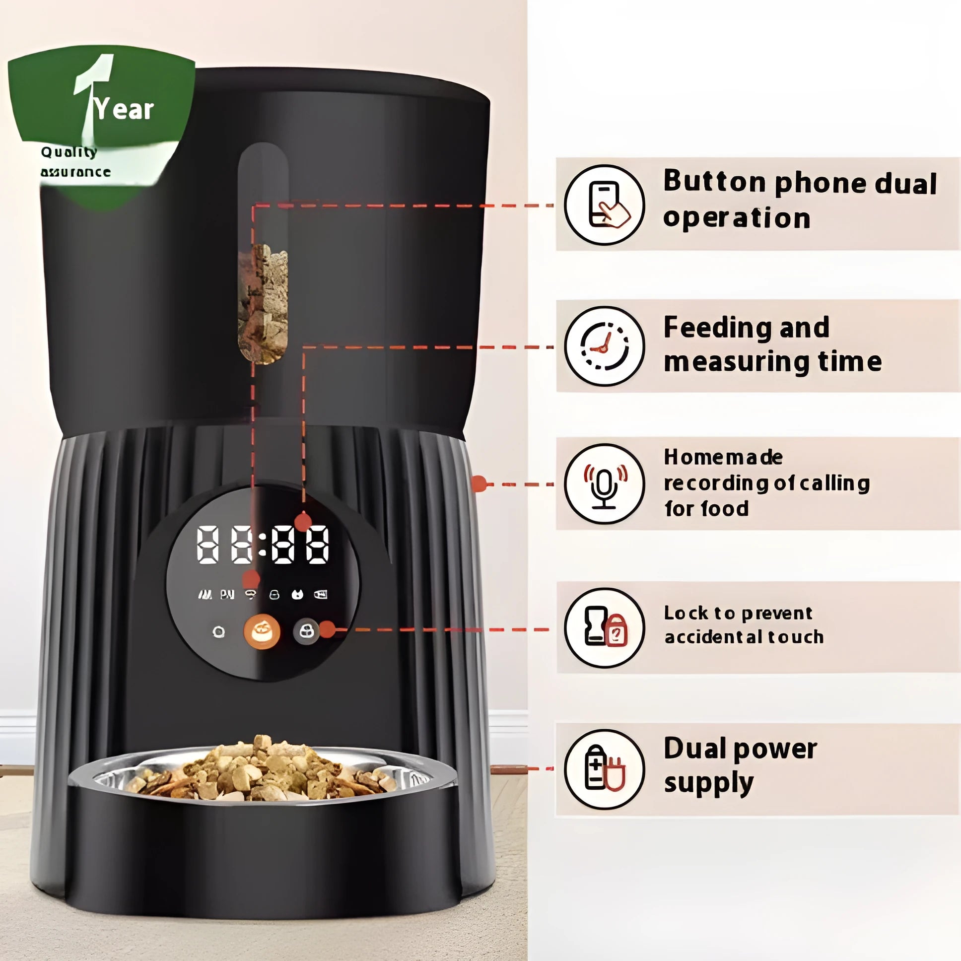 Black automatic pet feeder with digital display and food hopper on a wooden floor.