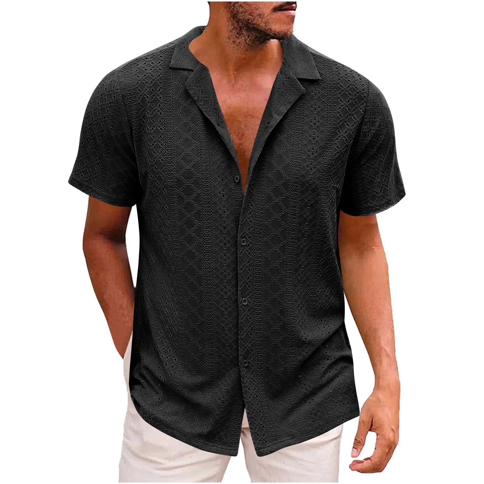 Breathable lightweight lapel men's casual shirt in cardigan style, regular fit, polyester fibre fabric, available in multiple colours