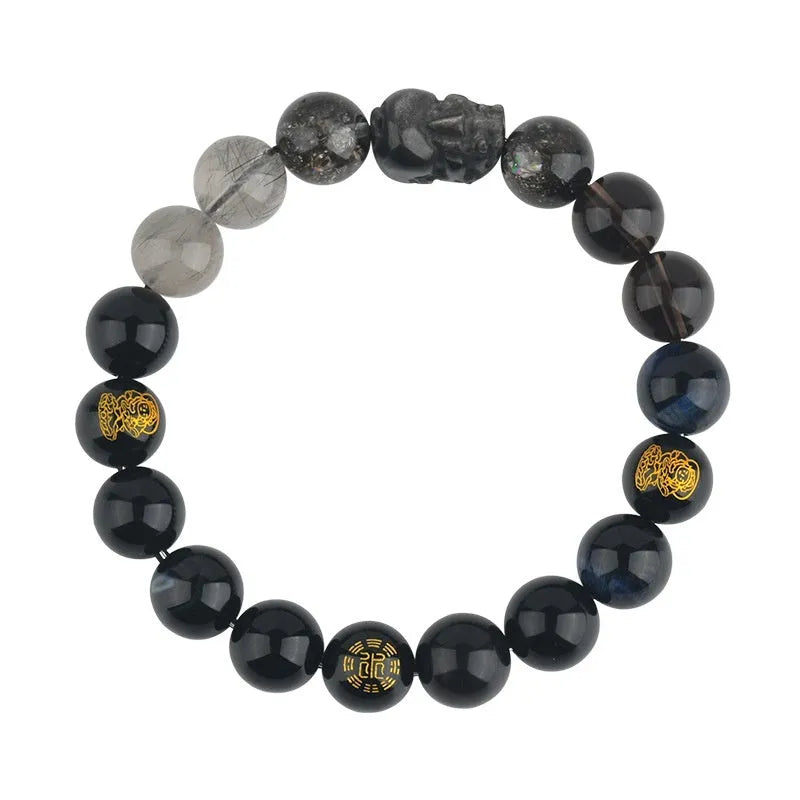 Handmade five elements crystal bracelet in gold, wood, water, fire, soil colours with geometric beads.