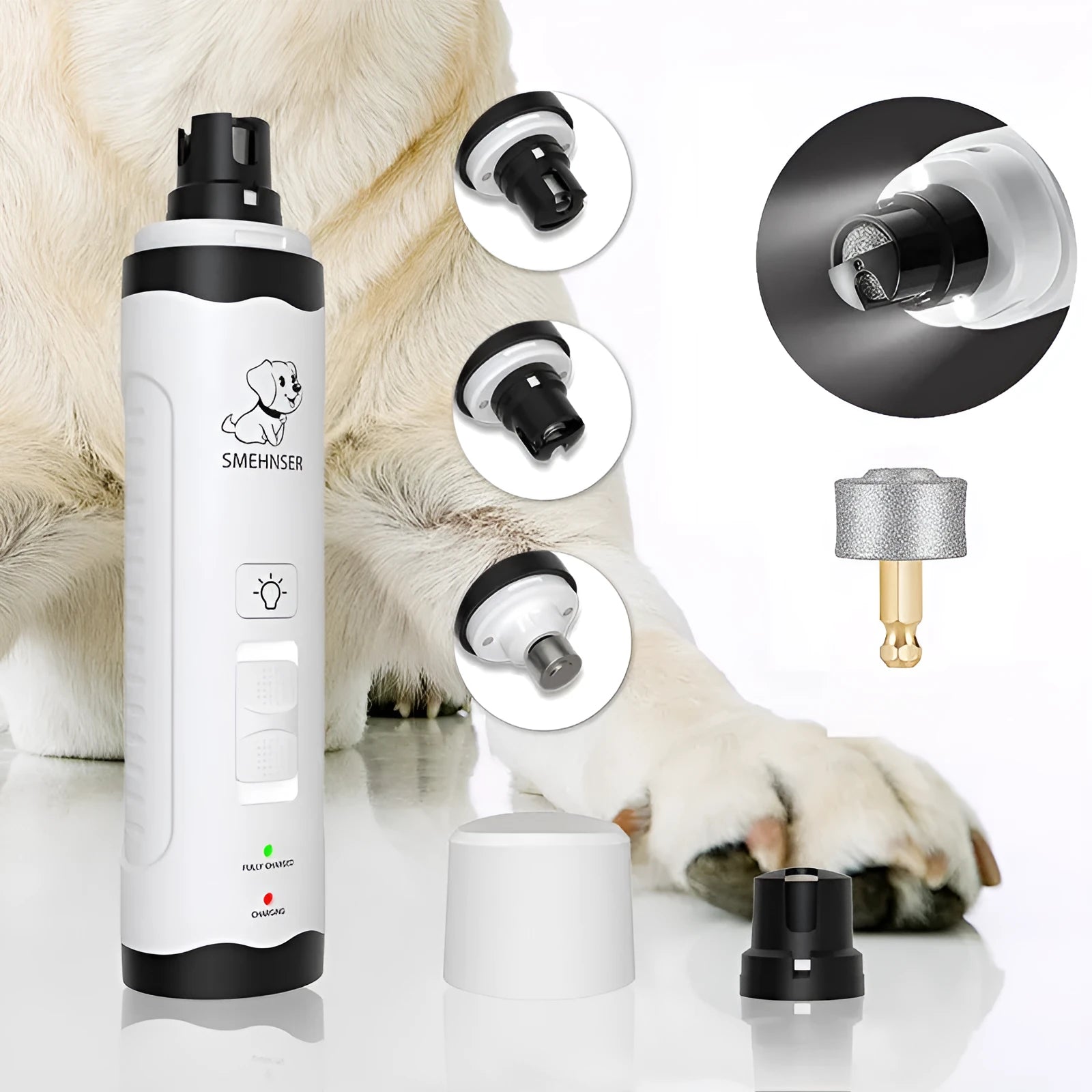 White electric dog nail grinder with LED light on handle and grinding head, showing dust collection port.