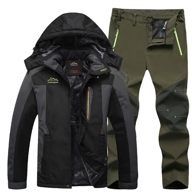 Men's windproof jacket and trousers set in army green, polyester fabric, with waterproof rating 5001-10000mm, for outdoor hiking and camping