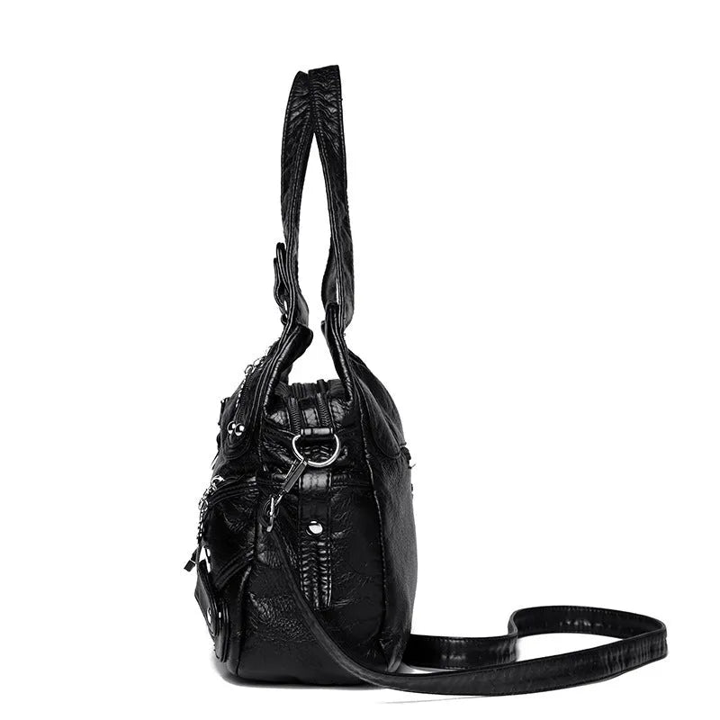 Women's large capacity washed leather PU handbag in black, light brown or blue with slit pocket