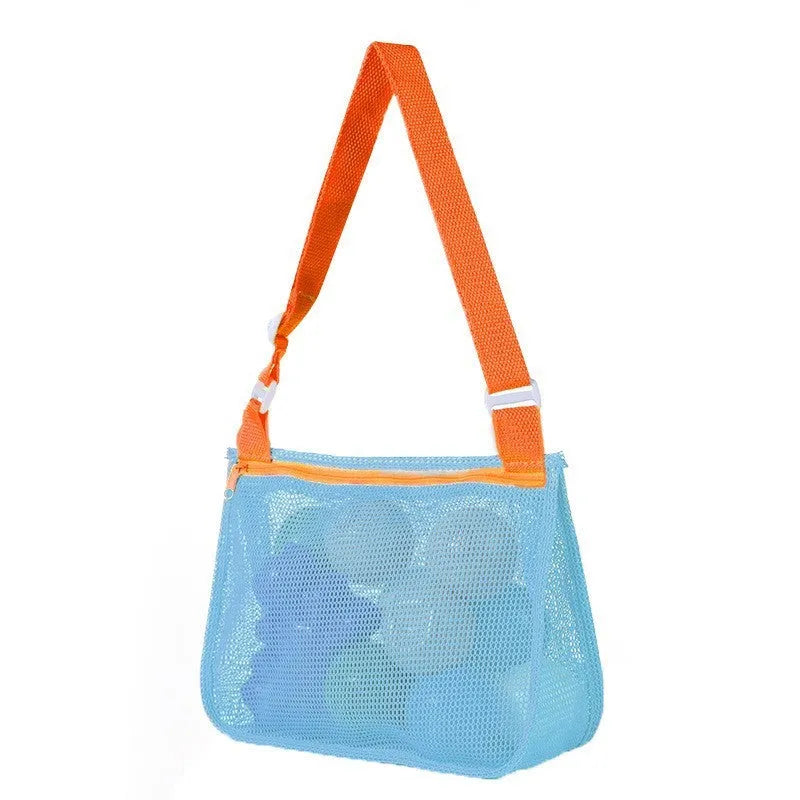 Blue nylon mesh travel storage bag with zip closure for children's toys and clothes