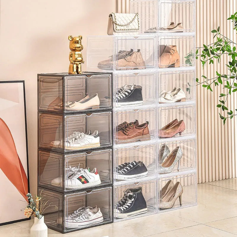 Large transparent acrylic shoe storage box with magnetic side door and lid