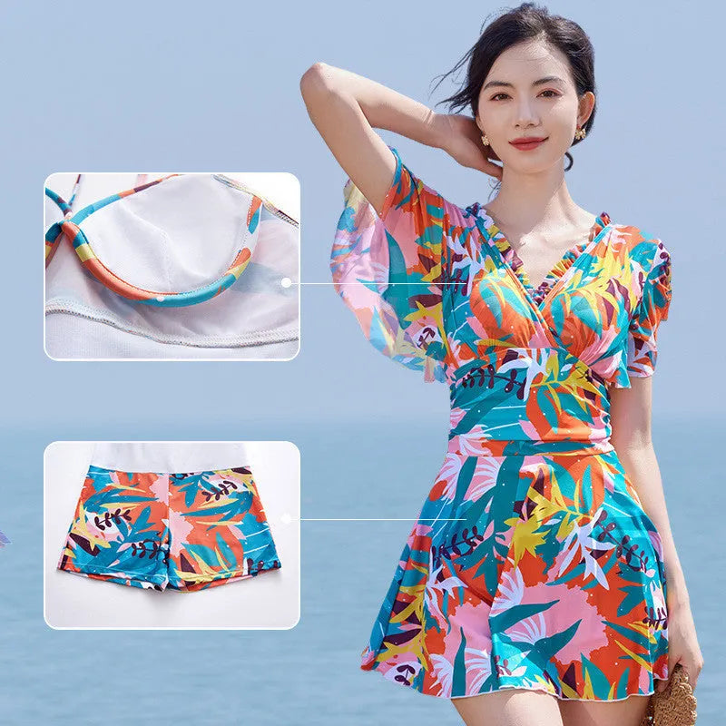 Women's floral print one-piece swimsuit with belly control panel