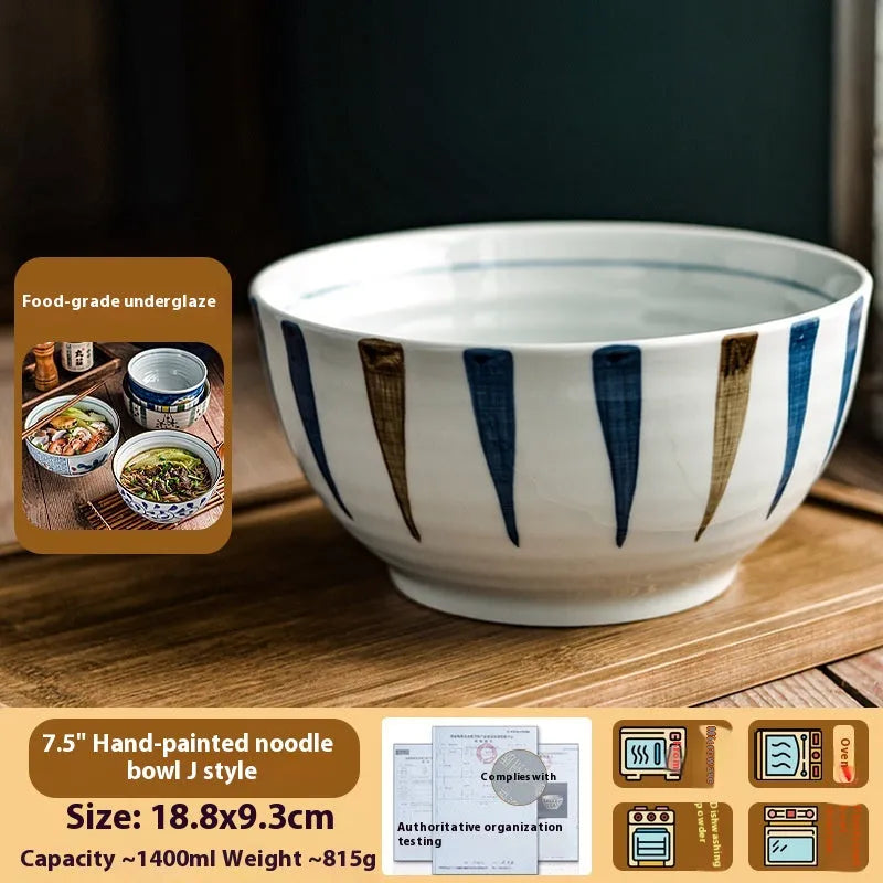 Ceramic hand-painted underglaze colour noodle bowl round 6 inch Japanese style retro soup bowl