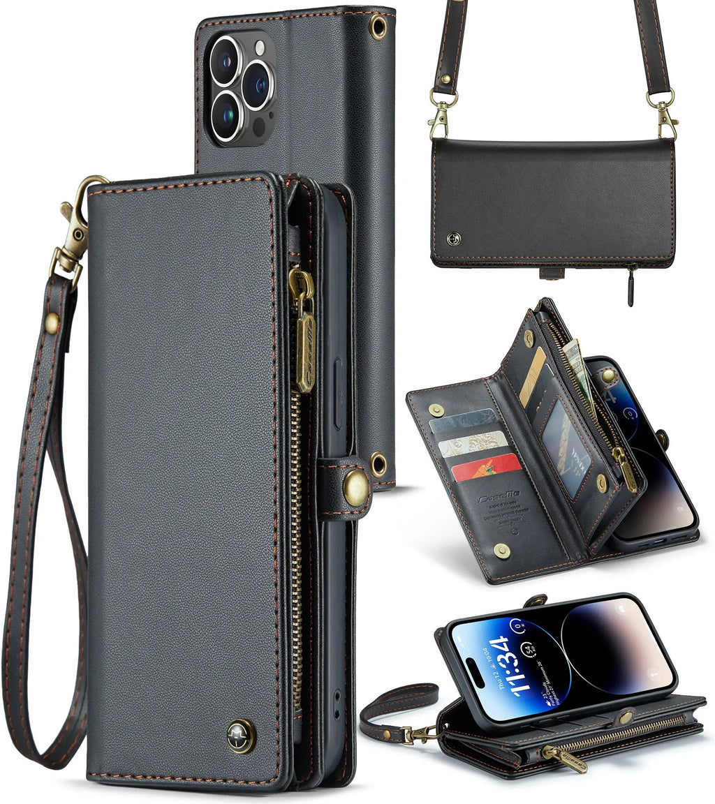 Wallet phone case in black imitation leather with card slots, bracket, and lanyard, designed for iPhone 12 to 15 series