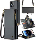Wallet phone case in black imitation leather with card slots, bracket, and lanyard, designed for iPhone 12 to 15 series