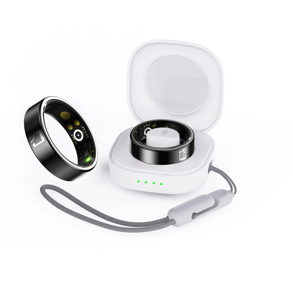 Black ceramic smart ring for health monitoring on a finger.