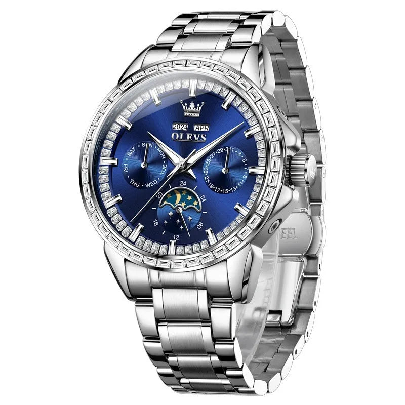 Men's stainless steel automatic mechanical watch with diamond dial on wrist, showing transparent case back.