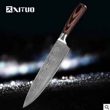 Carpenter's Special kitchen knife with laser Damascus pattern blade and coloured wood handle