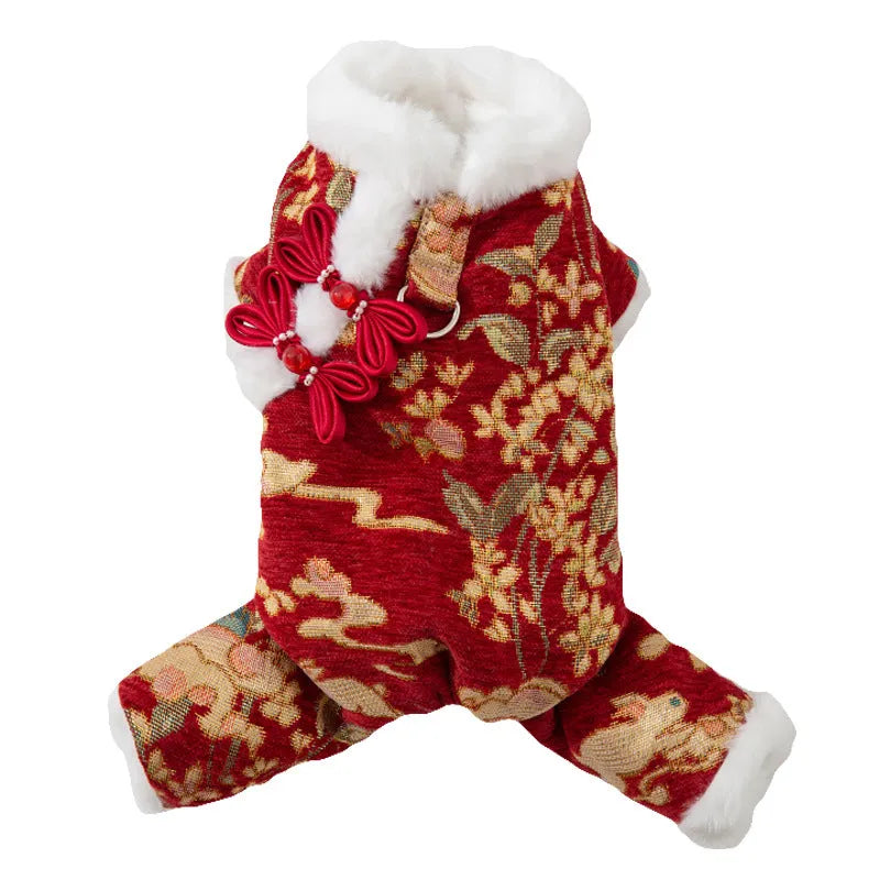 Red brocade pet jumpsuit with faux fur trim and Chinese knot buttons for Lunar New Year