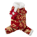 Red brocade pet jumpsuit with faux fur trim and Chinese knot buttons for Lunar New Year