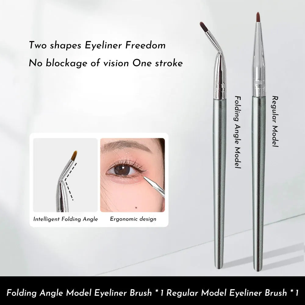 Angled bendable head eyeliner brush with fine tip for detailed under eye concealer and tear trough makeup application.
