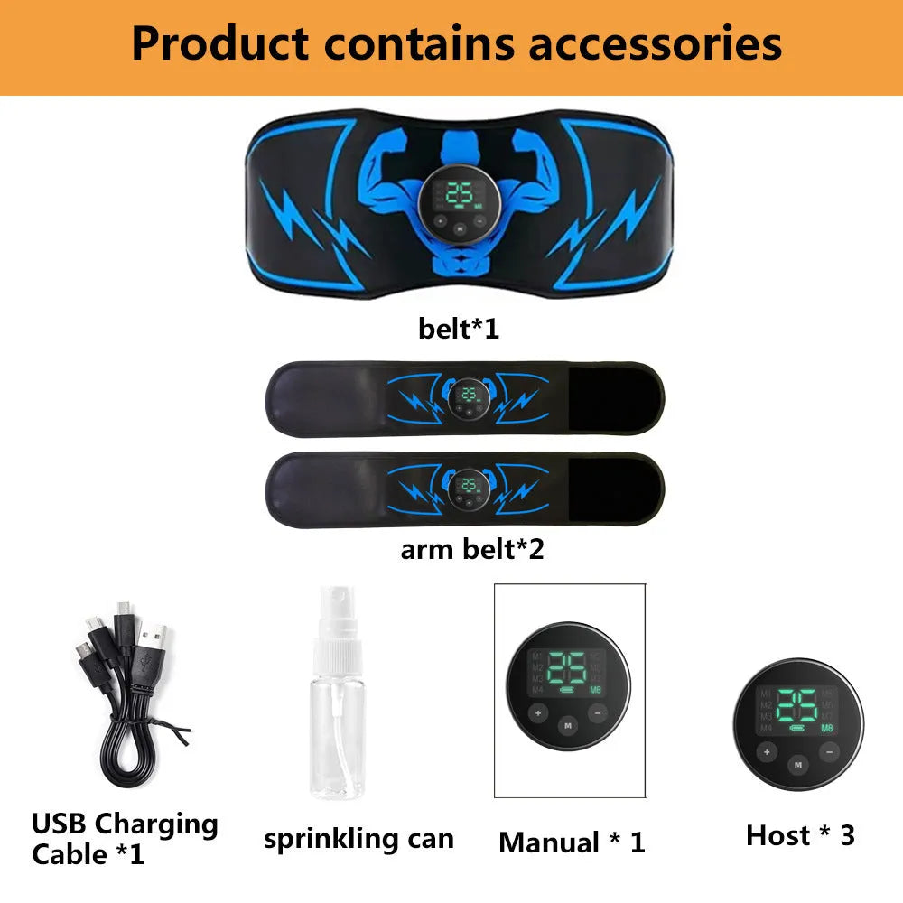 Blue EMS abdominal slimming belt with wireless remote control and electrotherapy stickers