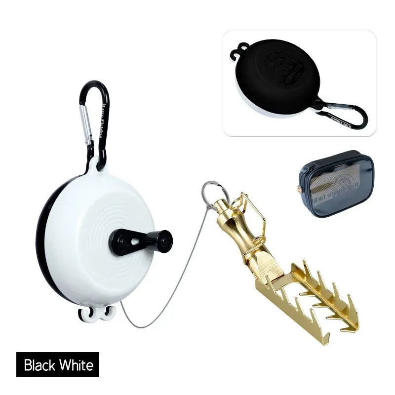 Fishing bait bottom lifter retriever device with coloured wheel and stainless steel hook on spool of braided line.