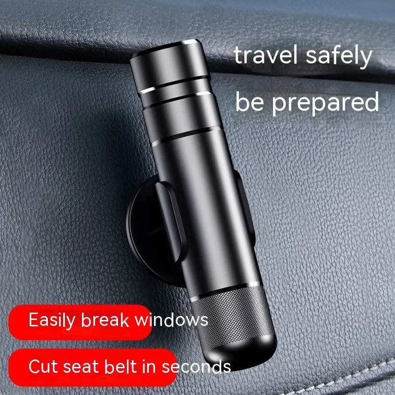 Aluminium alloy car safety hammer with window breaker and seatbelt cutter, showing black colour option.