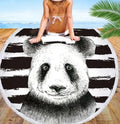 Round microfiber beach towel with cute panda design, 150 cm diameter, quick-dry, in a pool setting
