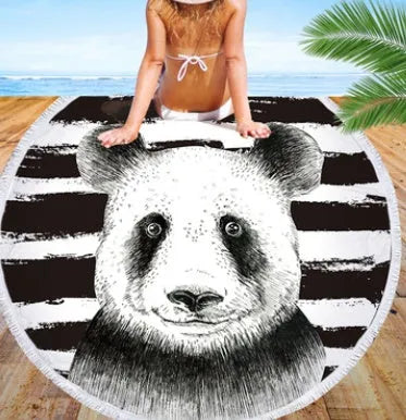 Round microfiber beach towel with cute panda design, 150 cm diameter, quick-dry, in a pool setting