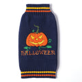 Orange black pumpkin knitted dog sweater on a small breed dog with a Halloween theme and visible knit texture