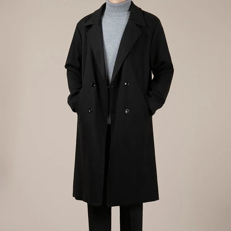 Men's mid-length corduroy linen trench coat in black or brown, loose fit, sizes M to 3XL, autumn winter daily wear