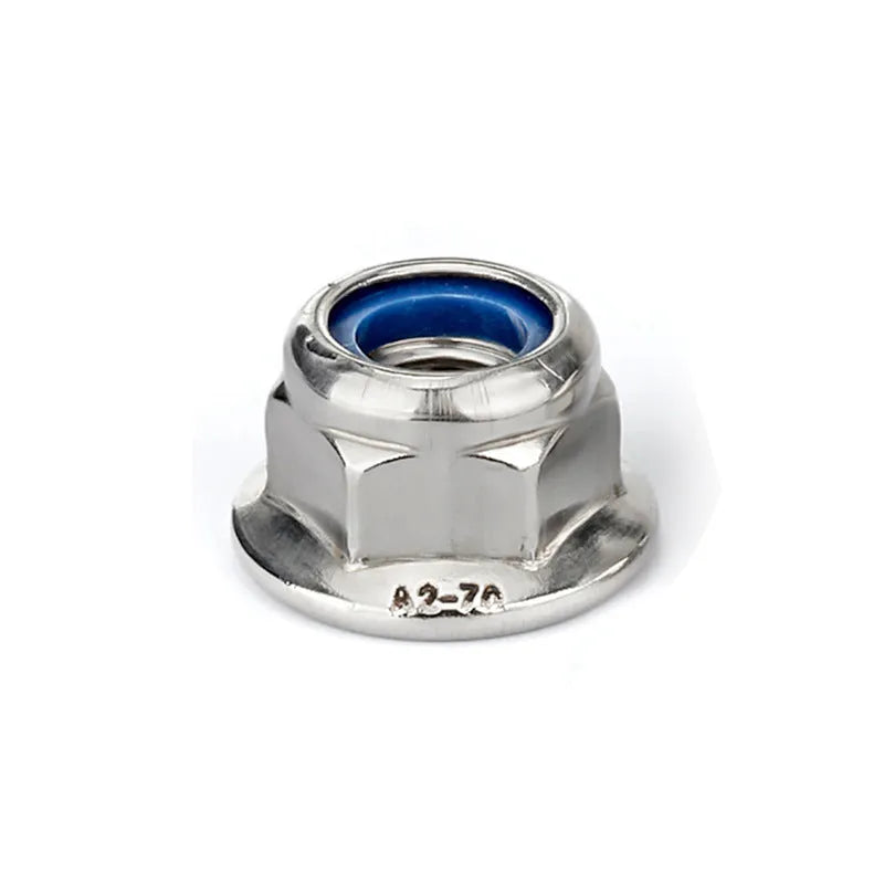 304 stainless steel flange nylon locking nut with hexagonal flats and integrated flange base, shown in metric sizes M3 to M16