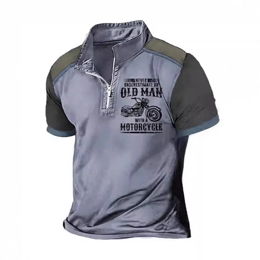 Men's casual polo shirt with lapel collar, digital printed letters, and zipper decoration details.