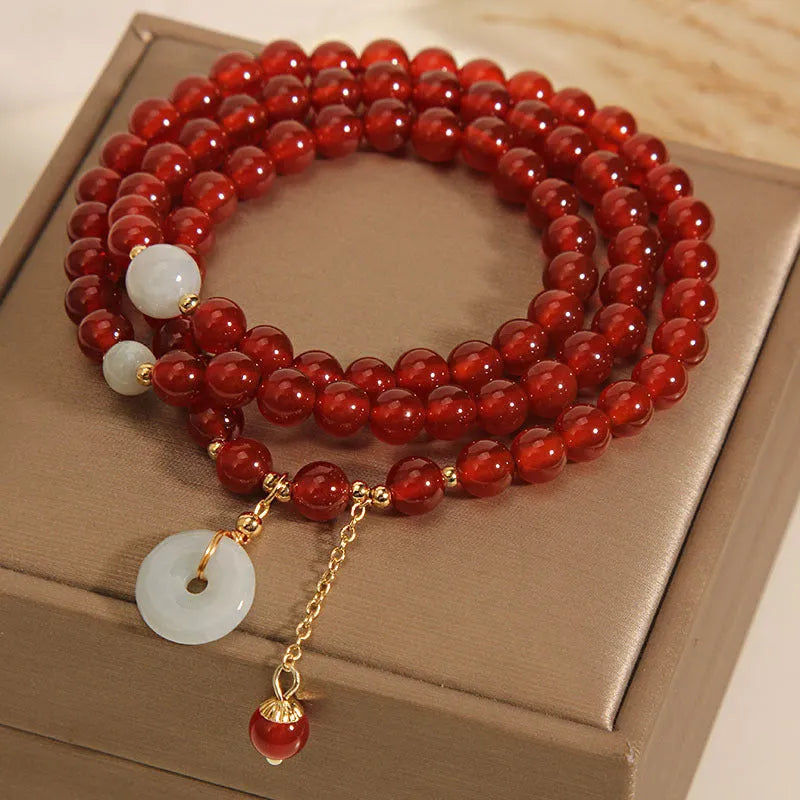 Red agate and crystal multi-layer ethnic bracelet for women with retro styling