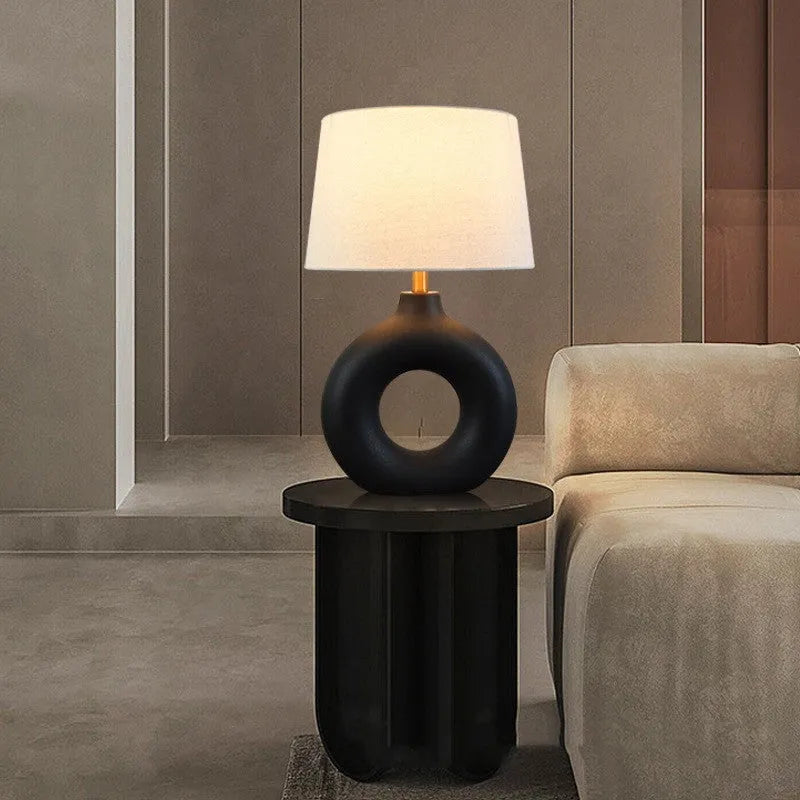 Small white Japanese-style ceramic pottery pot table lamp with a button switch, 52cm tall.