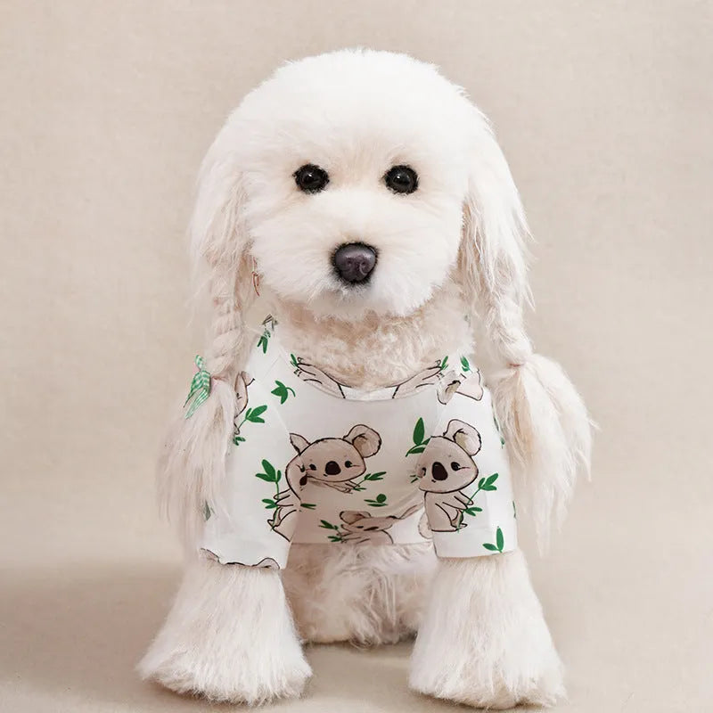 A small dog wearing a colourful full-print polyester casual T-shirt.